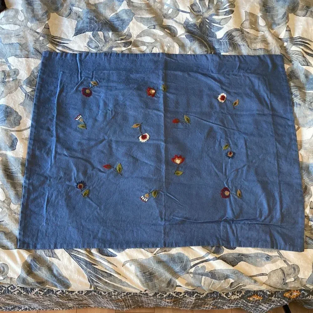 NEW! Pottery Barn Pillow Sham Blue 30” X 24.5” Unused Linen Blend Embroidered